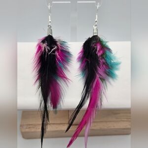 Handmade Long Multi-Color Feather Dangle Earrings Sterling Silver Hooks